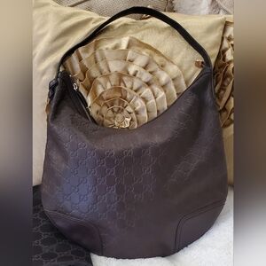 Authentic Gucci Guccissima Dark Brown Embossed Leather Shoulder Hobo Bag